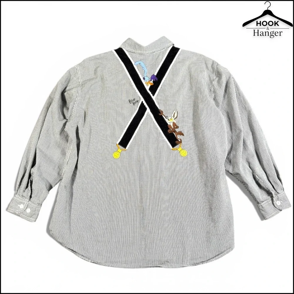 Vintage Warner Bros Looney Tunes Shirt XL Black White Gingham 90s Faux Suspender - Picture 4 of 13